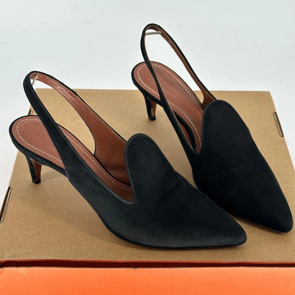 Polo Ralph Lauren Black Stacy Leather Suede Pump Pointed Slingback Heel‎ 9.5 B